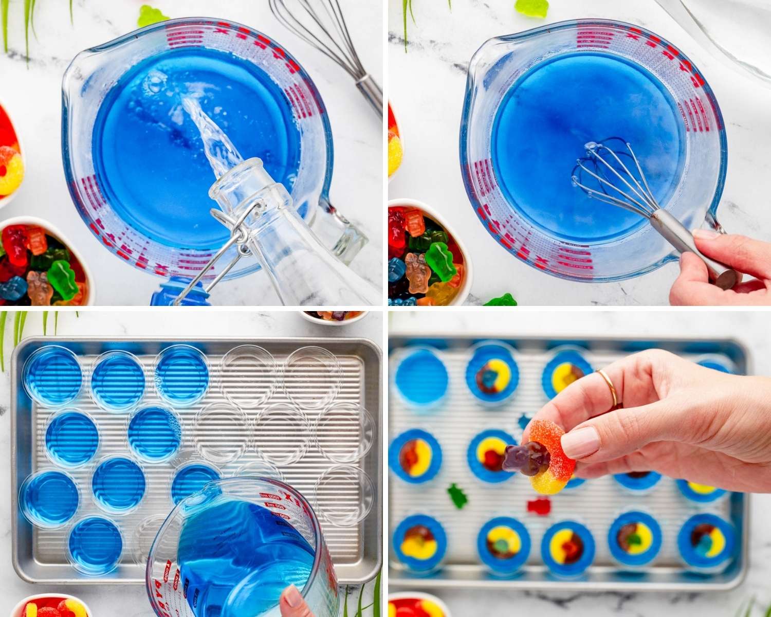 a collage of four images showing how to make pool party jello shots