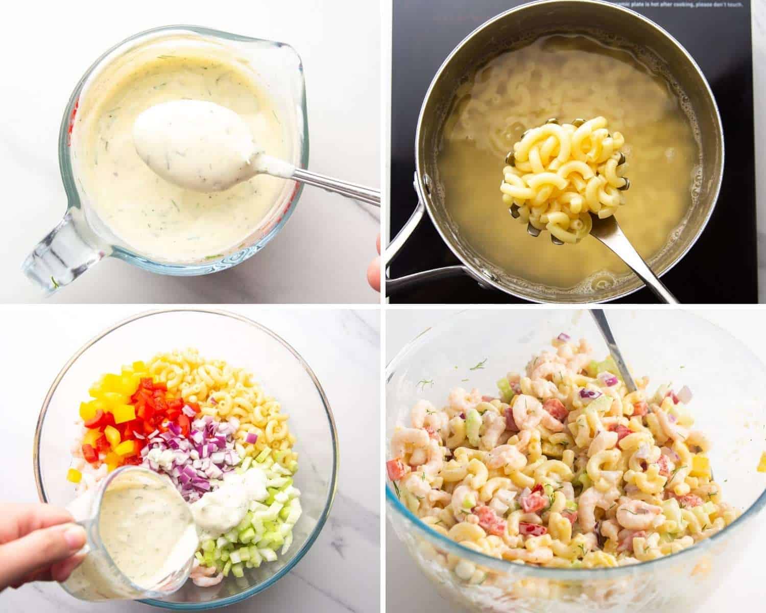 a collage of four images showing ho to make shrimp macaroni salad