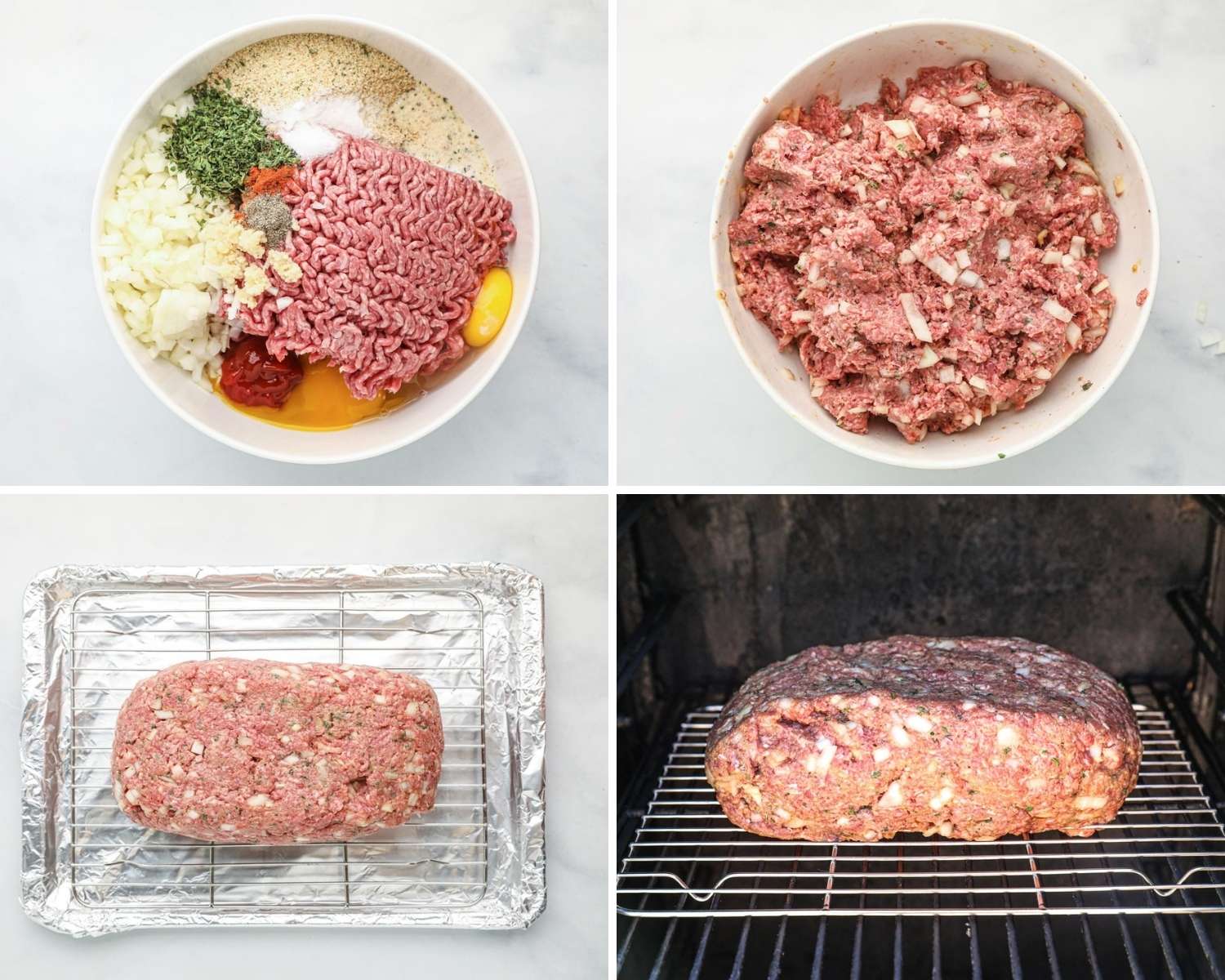 Collage of four images showing how to make a meatloaf, and put it in the smoker
