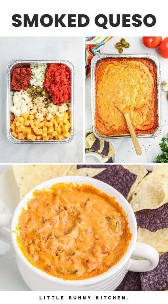 Collage of three images of how to make smoked queso, and overlay text that says "smoked queso"