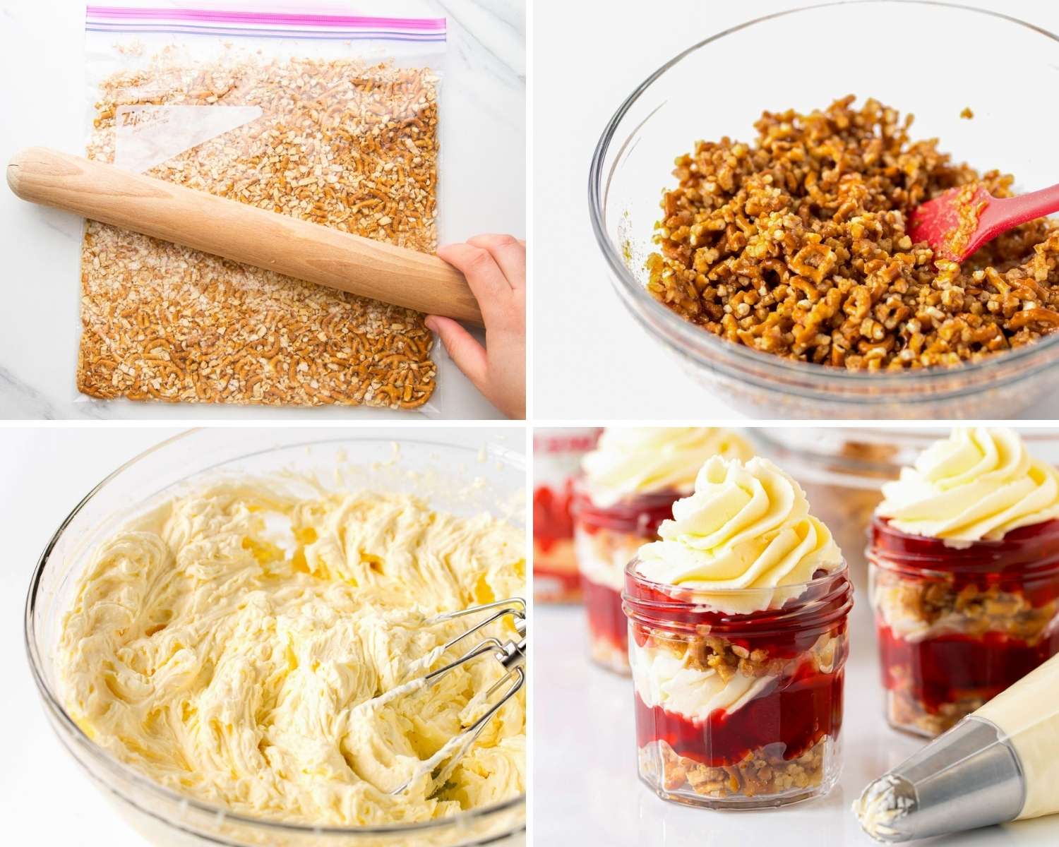 A collage of four images showing how to make mini strawberry pretzel salads
