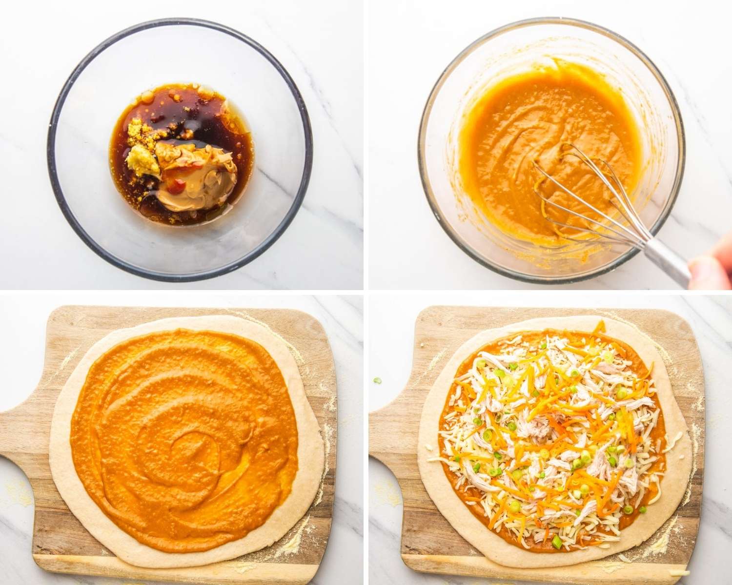 Collage of four images showing how to make a peanut sauce, and assemble a thai chicken pizza.