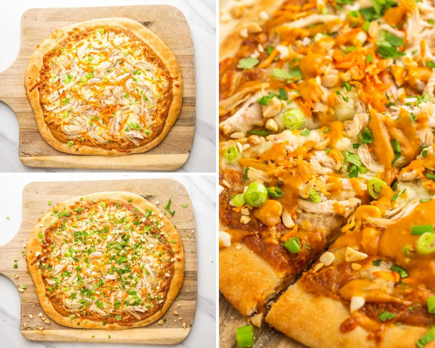 Collage of three images showing how to bake thai chicken pizza