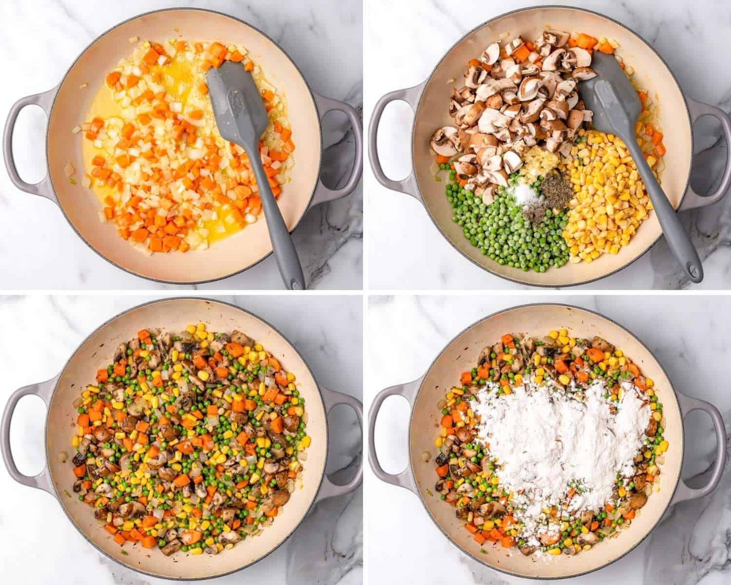 a collage of four images showing how to make chicken pot pie filling