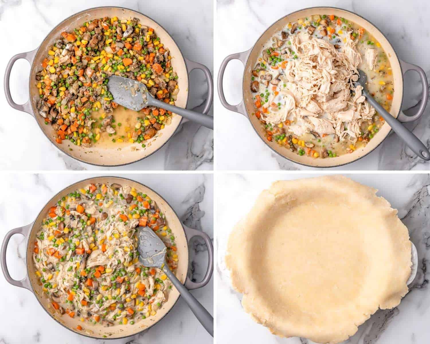 a collage of four images showing steps for making chicken pot pie
