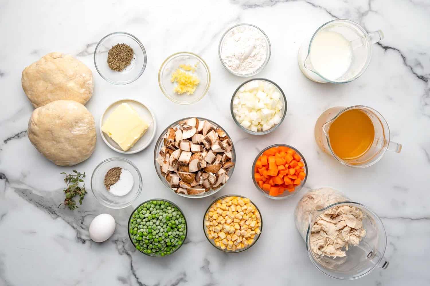 The ingredients needed to make a homemade chicken pot pie