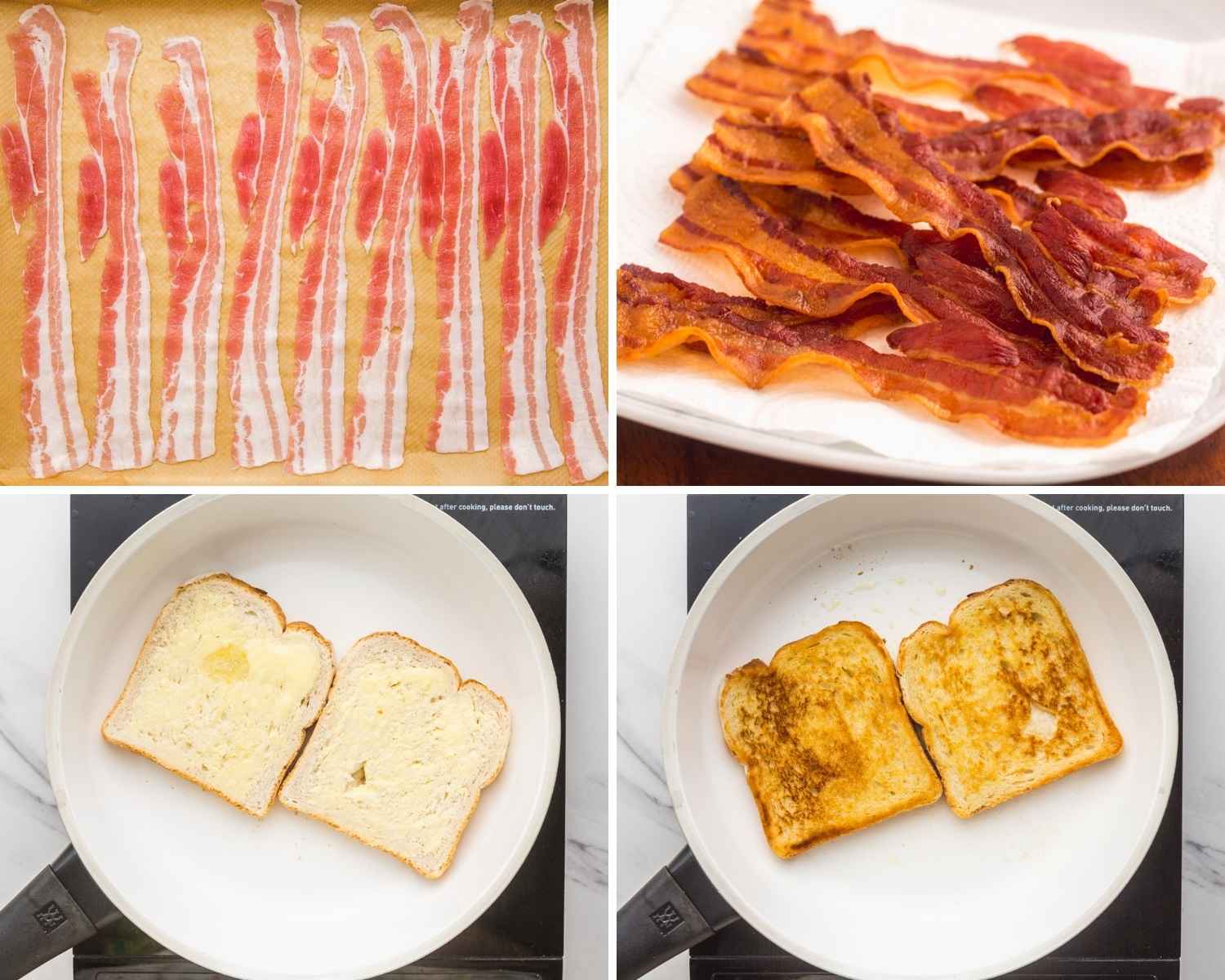 Collage of 4 images showing how to cook bacon and toast the bread.