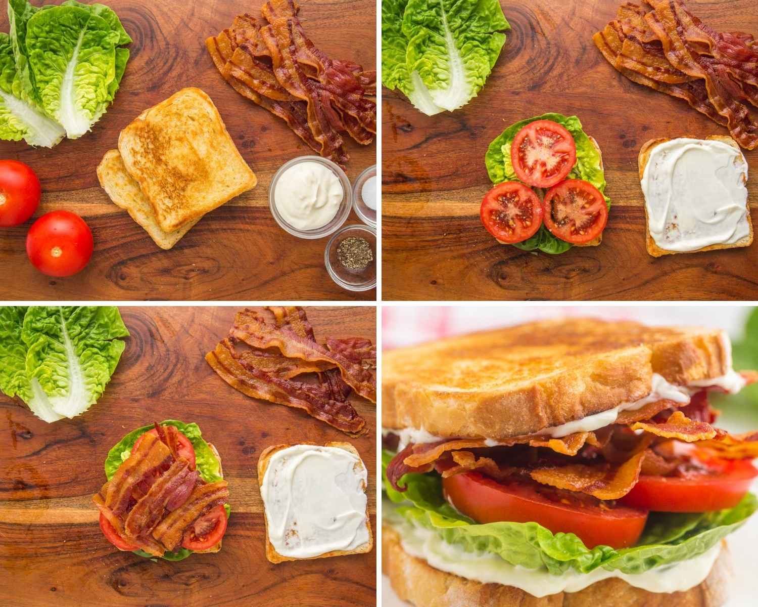 Collage of four images showing how to assemble a BLT sandwich