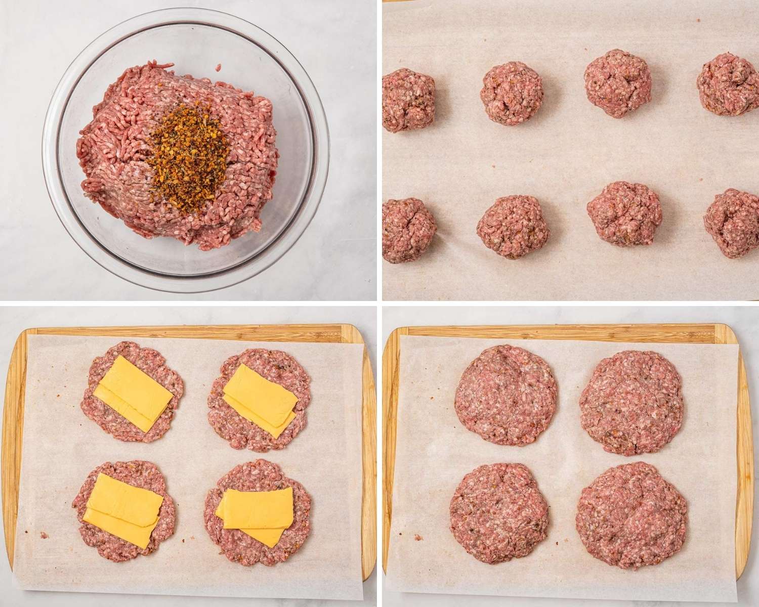 a collage of four images showing how to stuff cheese inside of a hamburger patty