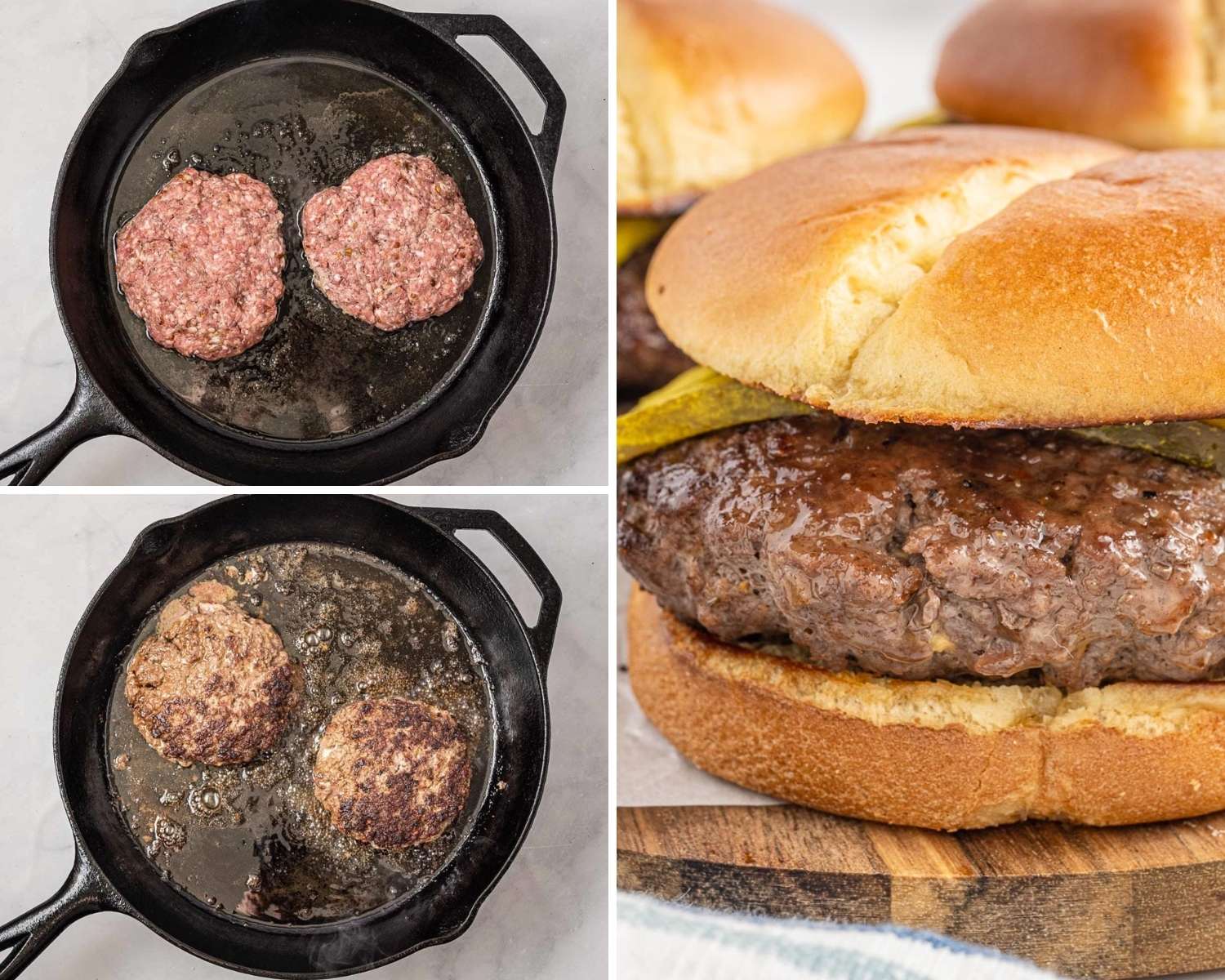 three photos in a collage to show how to cook juicy lucy burgers in a cast iron skillet