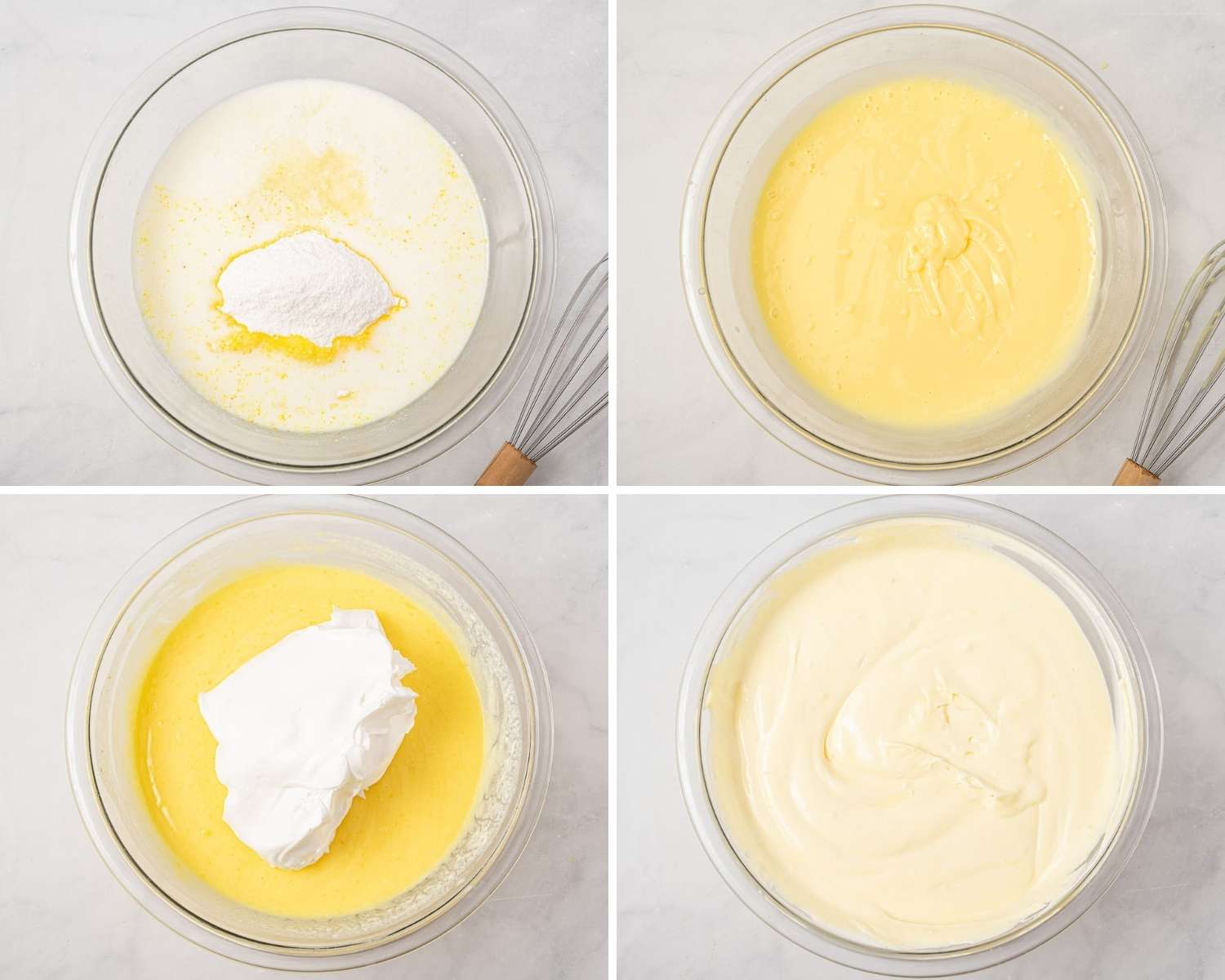 Collage of four images showing how to make creamy lemon pudding mixture