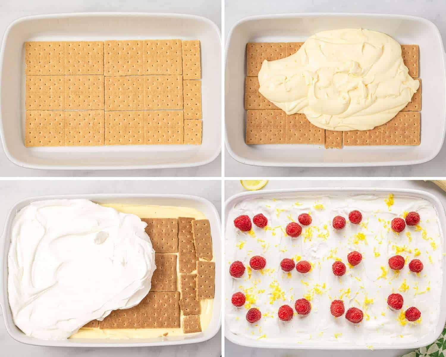 Collage of four images showing how to make creamy lemon icebox cake