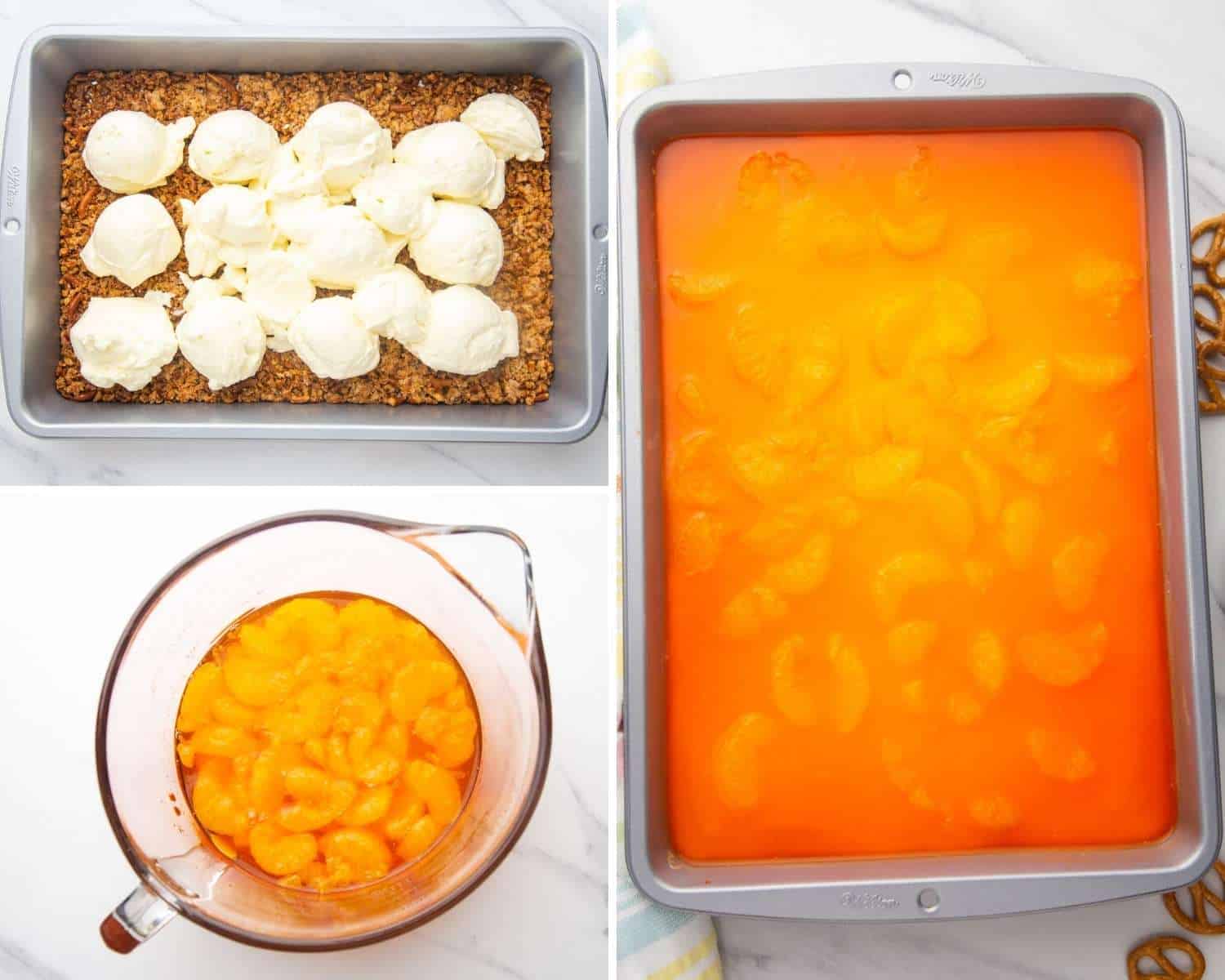 three photos showing how to layer a pretzel salad