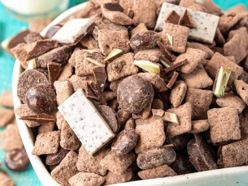 Mint Chocolate Puppy Chow with Mint Candy - Little Sunny Kitchen