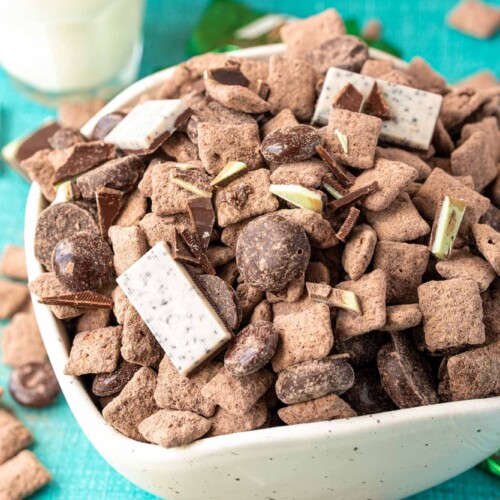 Mint Chocolate Puppy Chow with Mint Candy - Little Sunny Kitchen