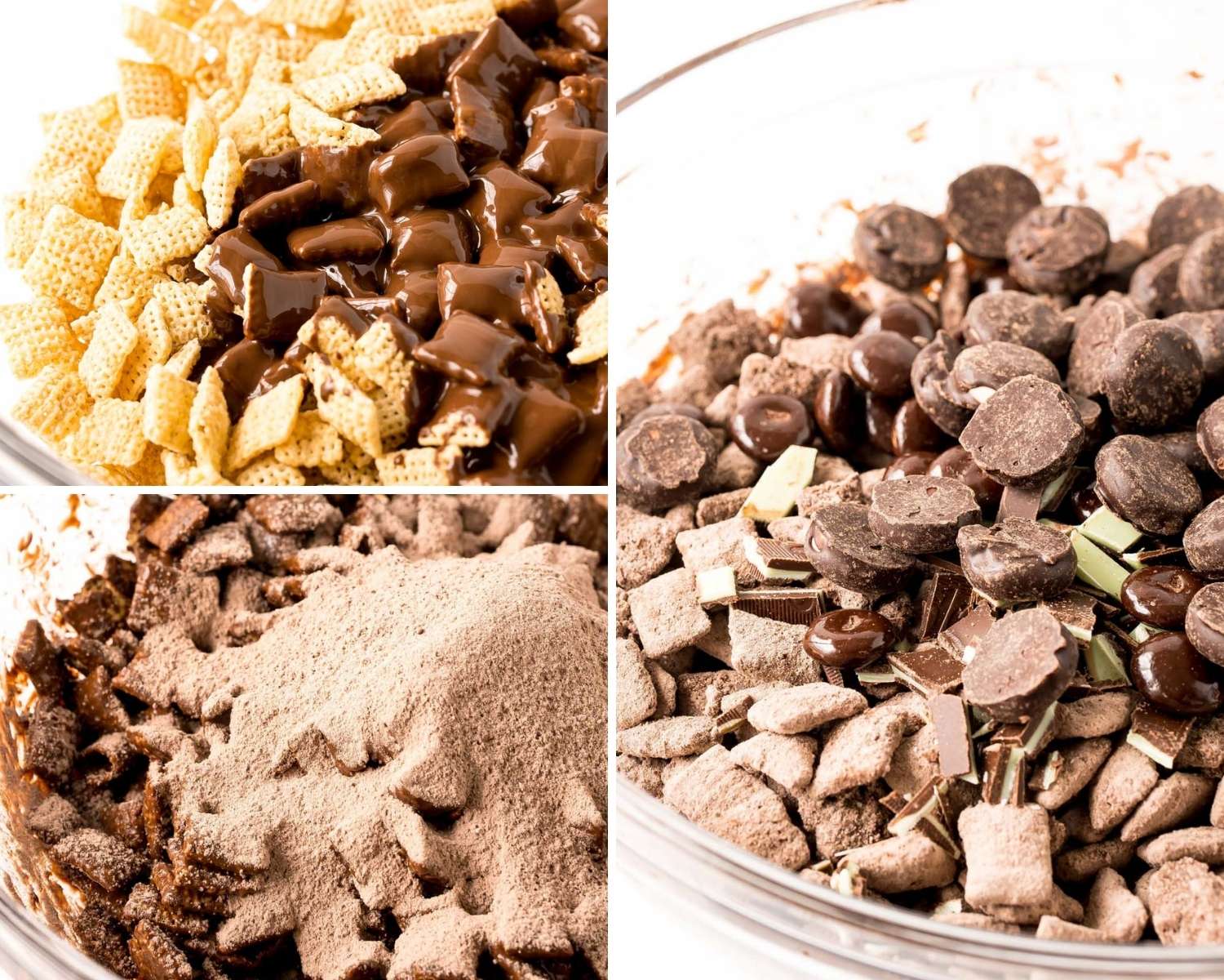 a collage of three images showing how to make puppy chow with andes mints and peppermint patties