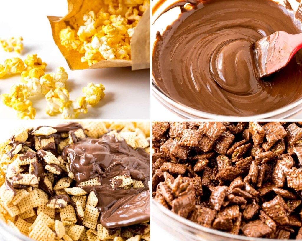 a collage of four images showing how to make chocolate pudding coated muddy buddies