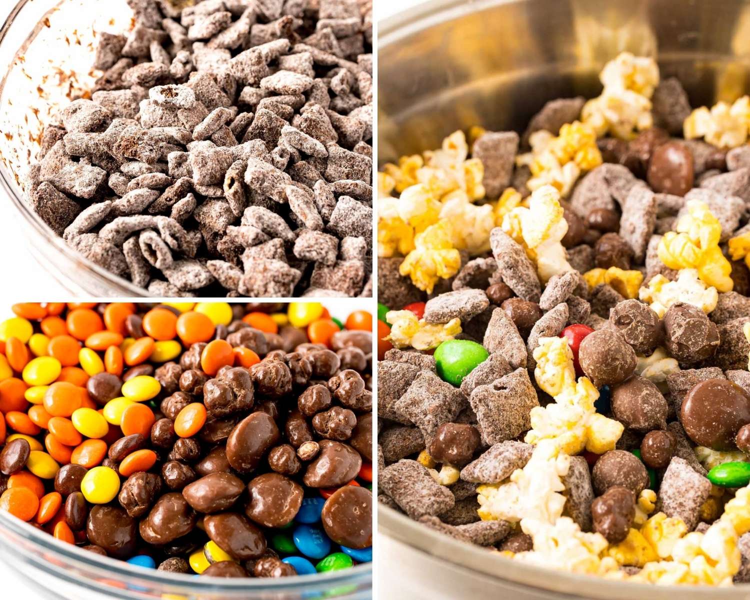 a collage of three photos showing how to mix up muddy buddies with movie theatre popcorn and candy