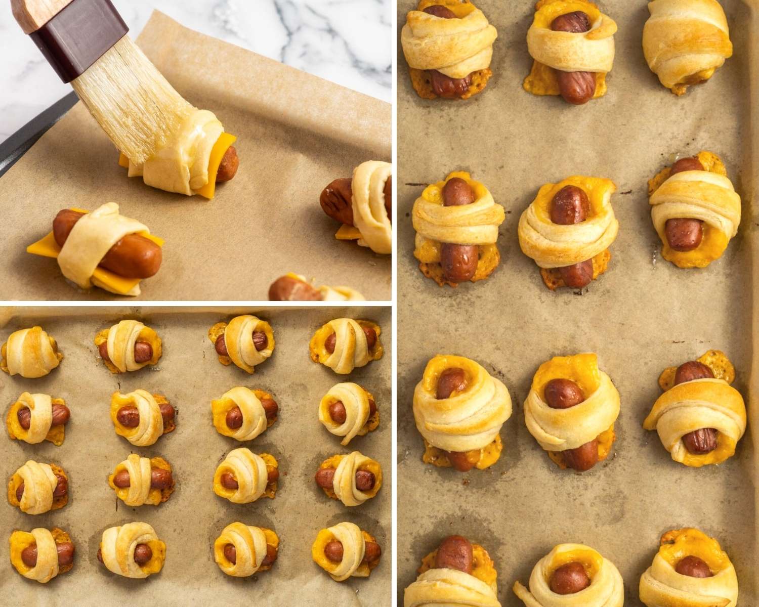 Brushing the pigs in blanket with butter and baking them