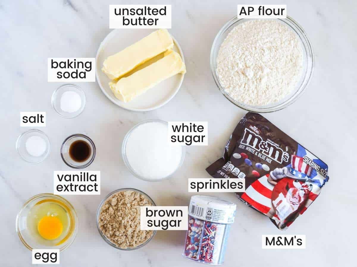 Ingredients needed to make red white and blue M&M cookies
