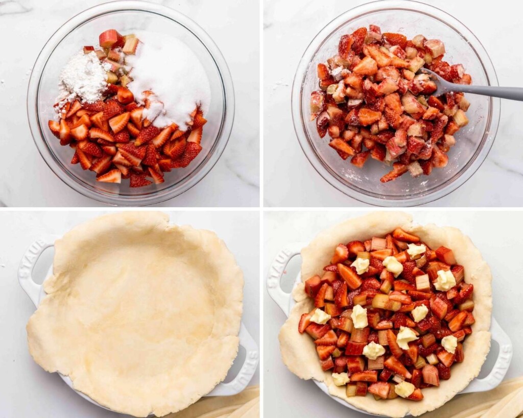 a collage of four images showing how to fill a rhubarb pie