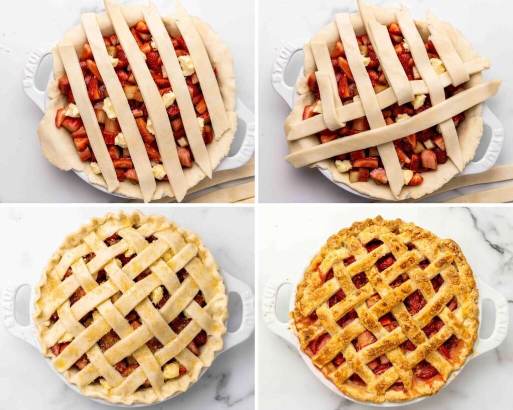four images showing how to create a lattice crust on a rhubarb pie