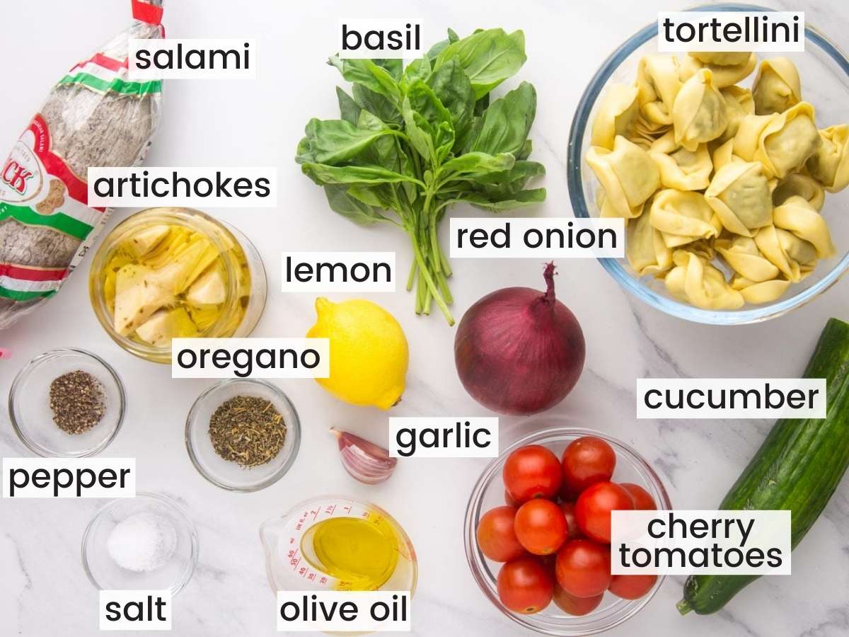 all of the ingredients to make a summer tortellini salad, measured out on a counter and viewed from above