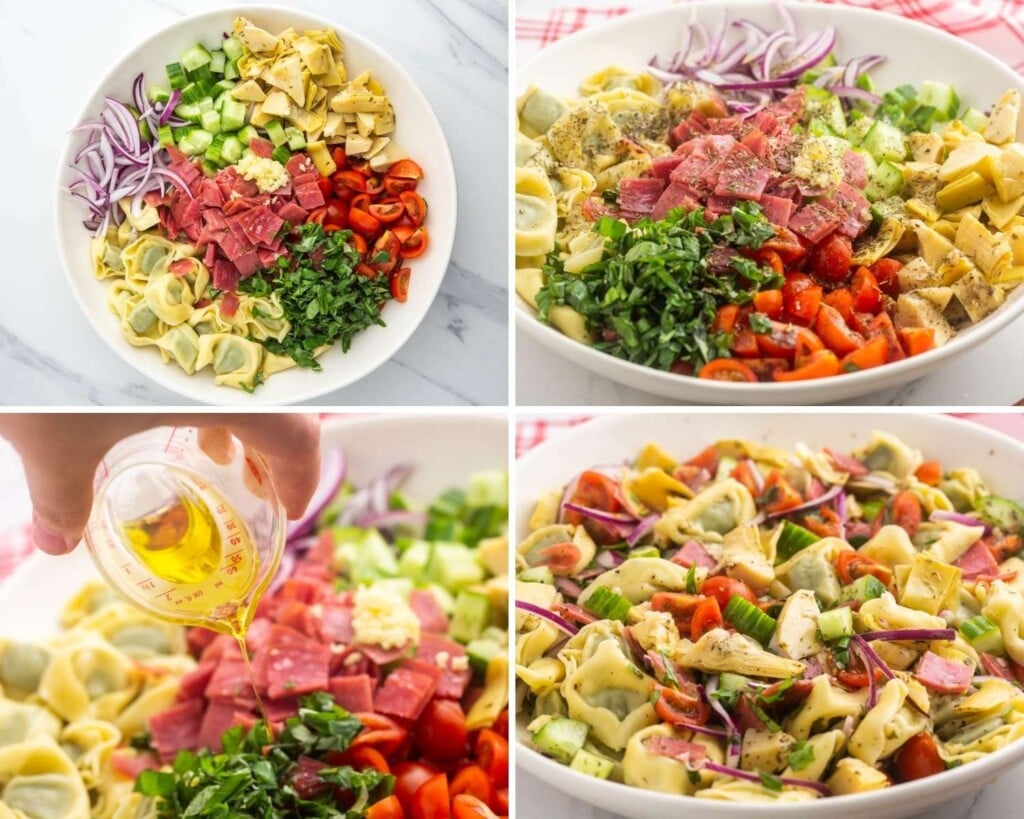 a collage of four images showing how to make a summer tortellini salad