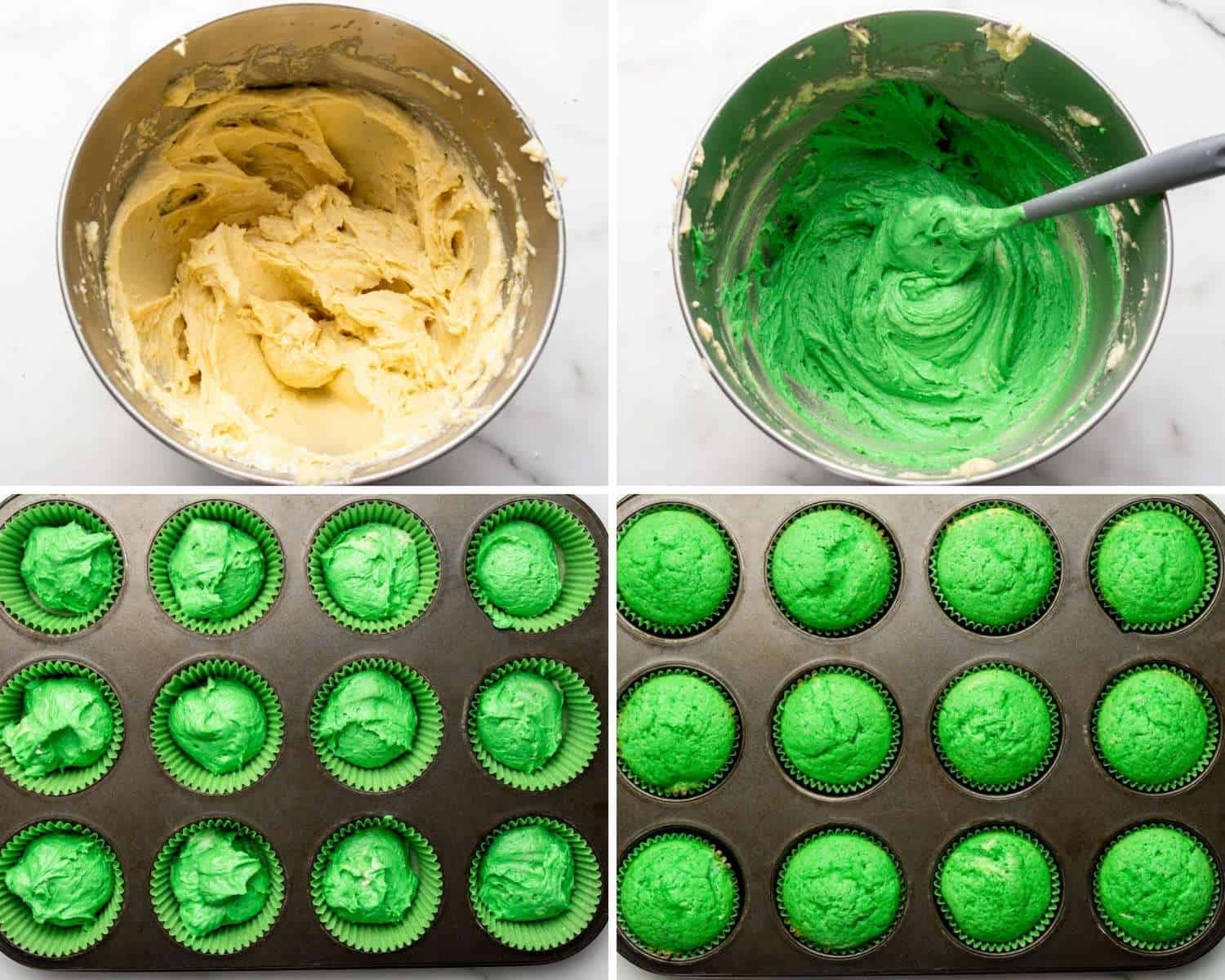 images showing steps to making green cupcakes