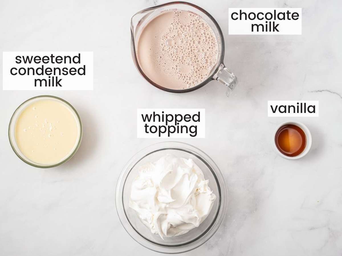 bowls of chocolate milk, condensed milk, whipped topping, and vanilla extract, viewed from above. the ingredients for copycat wendys frosty.