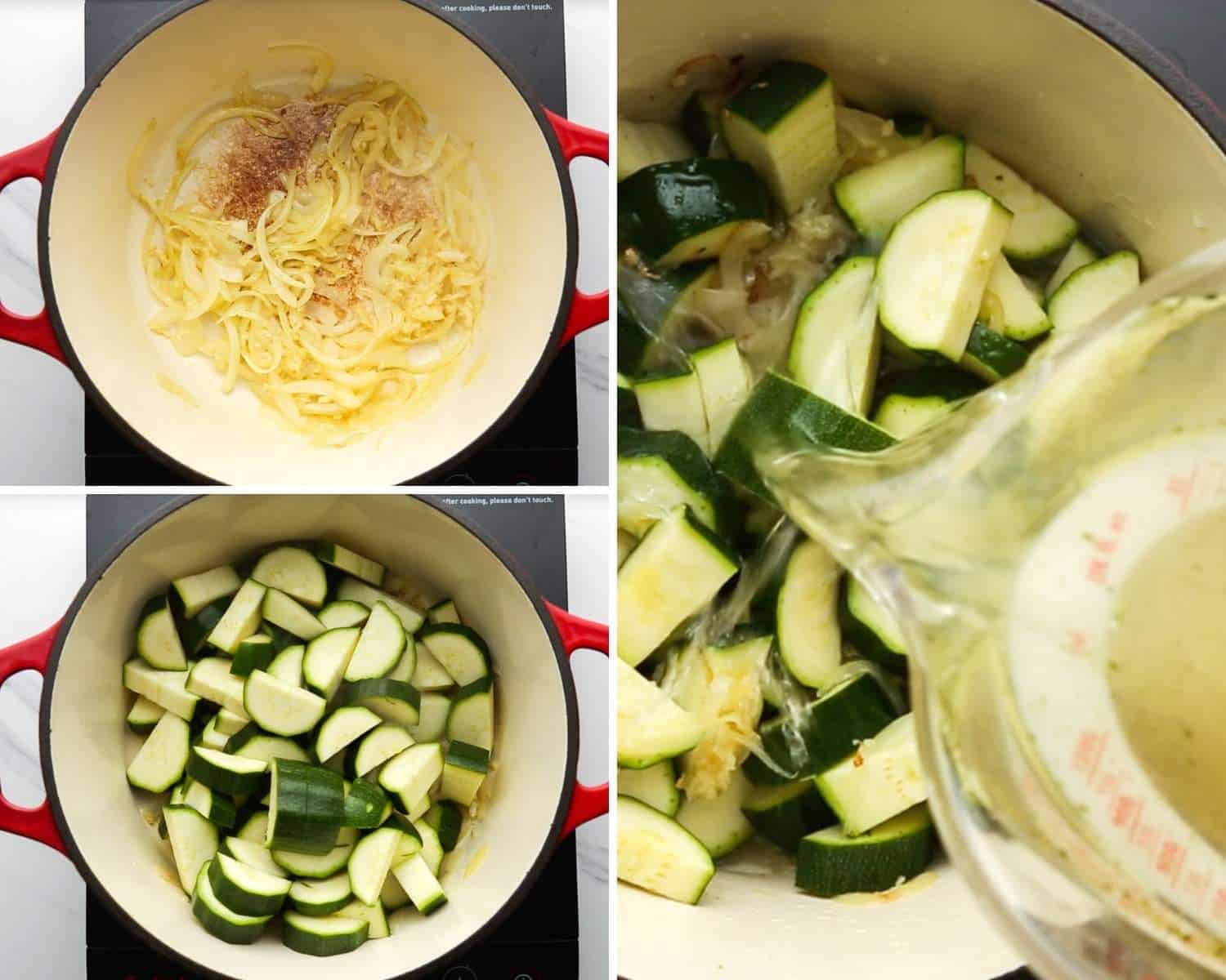 three images showing steps for making soup with zucchini