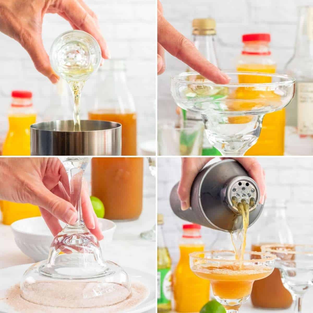 a collage of images showing how to coat the rim of a margarita glass with cinnamon sugar