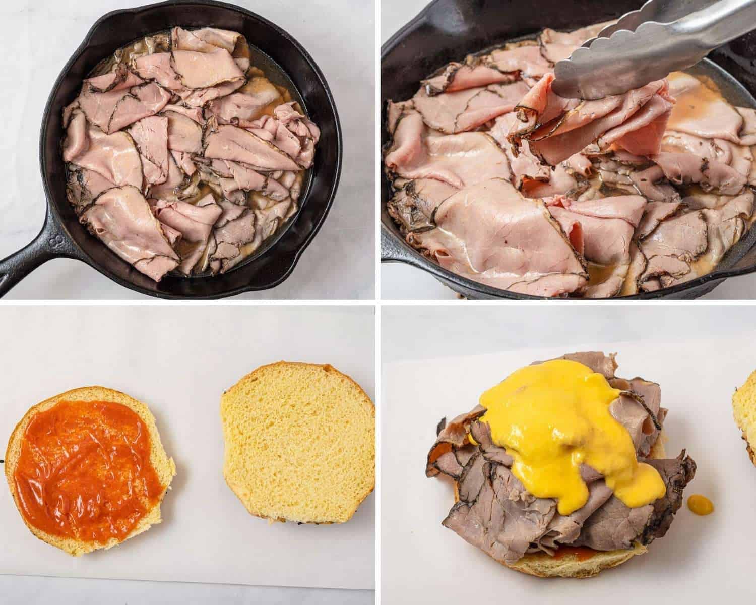 a collage of four images showing how to make an arbys roast beef sandwich