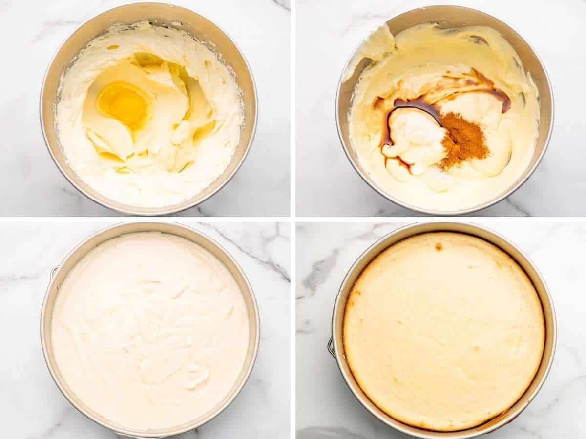 four images showing the process of making cheesecake filling