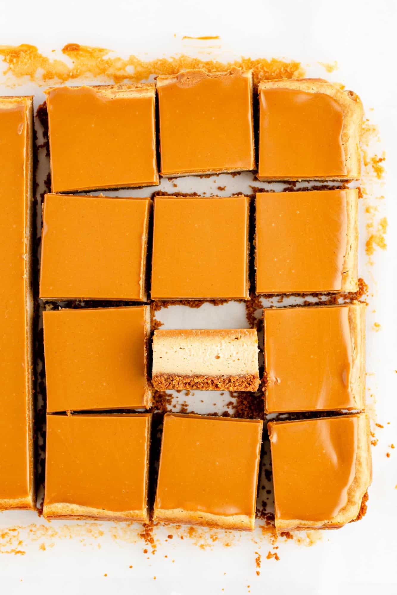 Biscoff cookie bars cut into squares, viewed from above
