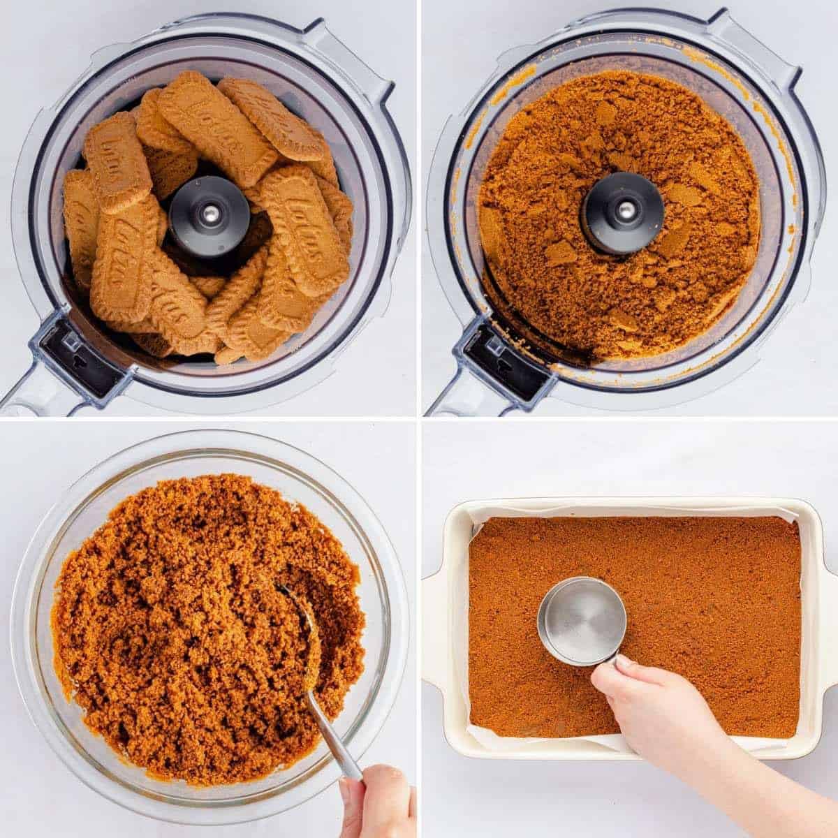 four images showing how to make a biscoff cookie crust