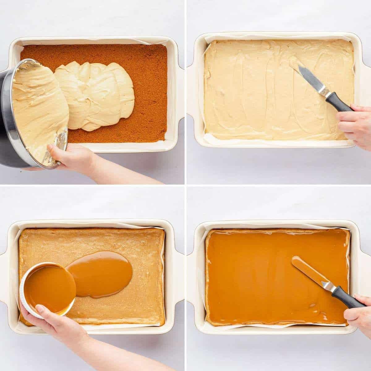 four images showing how to layer the ingredients to make biscoff cheesecake squares
