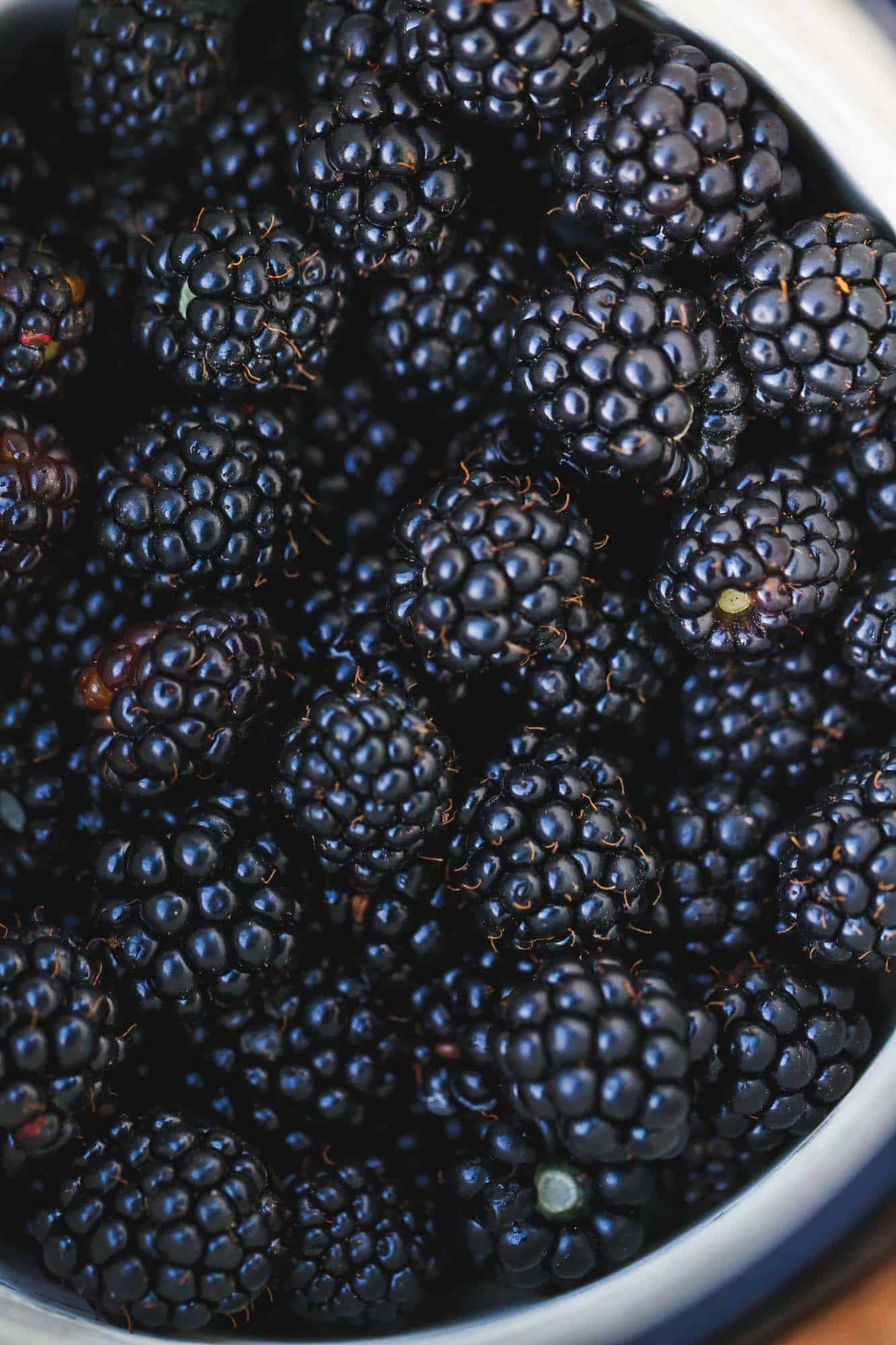 Closeup image of beautiful fresh blackberries in a white bowl
