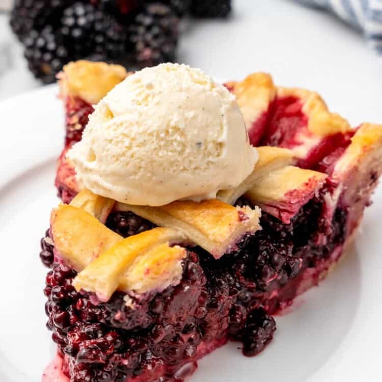 a slice of blackberry pie with lattice top, with a scoop of vanilla ice cream on top