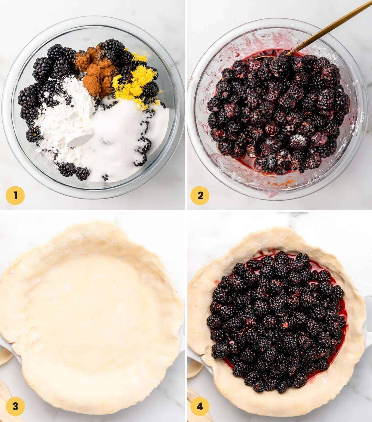 four images showing how to make blackberry pie filling