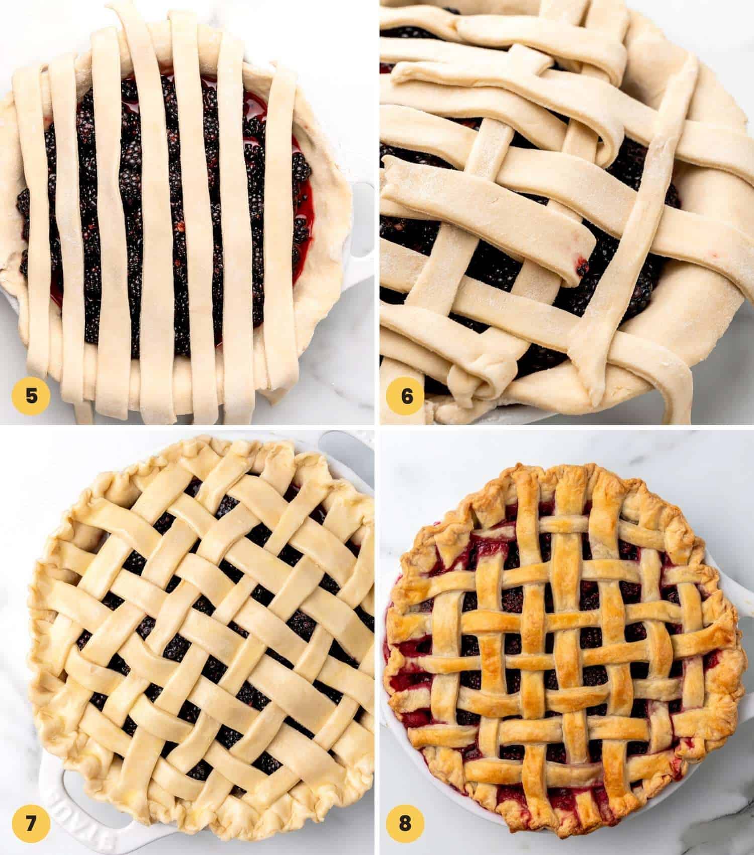 four images showing the steps to create a lattice top pie.