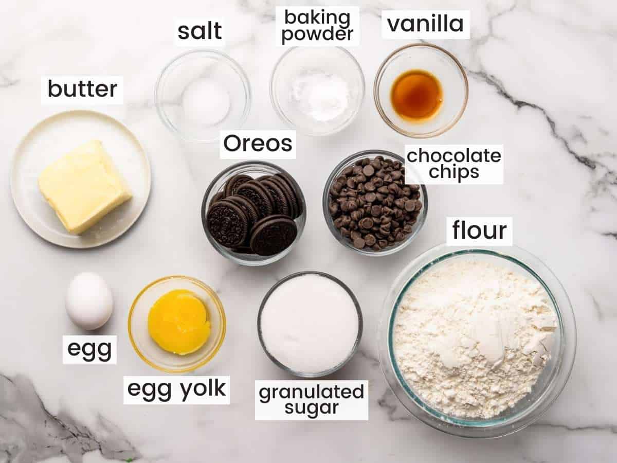 The ingredients needed to make chocolate chip cookies stuffed with oreos