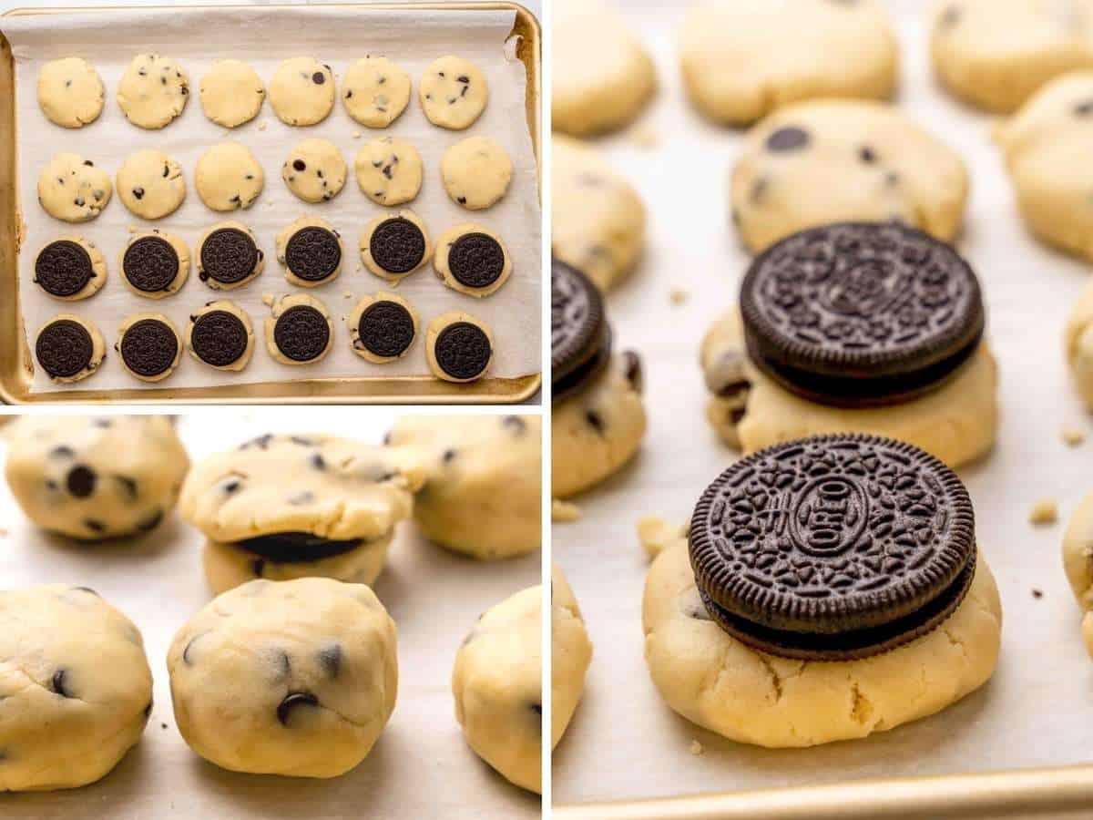 a collage of 3 images showing how to stuff an oreo inside of chocolate chip cookie dough.