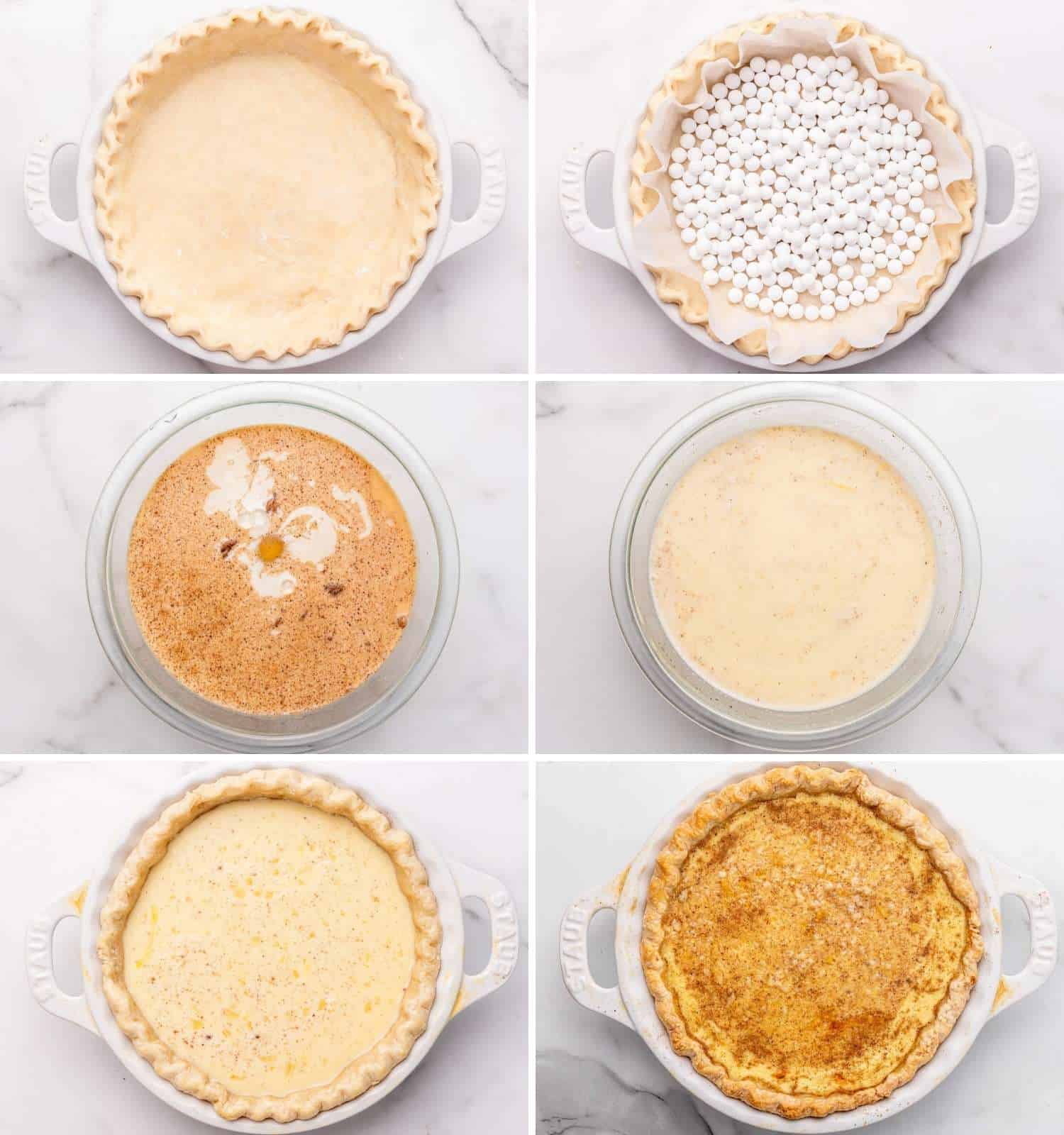 A collage of six images showing the stages of making an egg custard pie