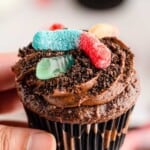 a hand holding a chocolate cupcake topped with chocolate frosting, dirt crumbs, and sour gummy worms