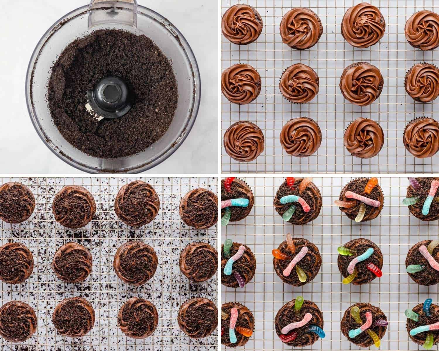 a collage of four images showing how to decorate dirt and worms cupcakes for halloween