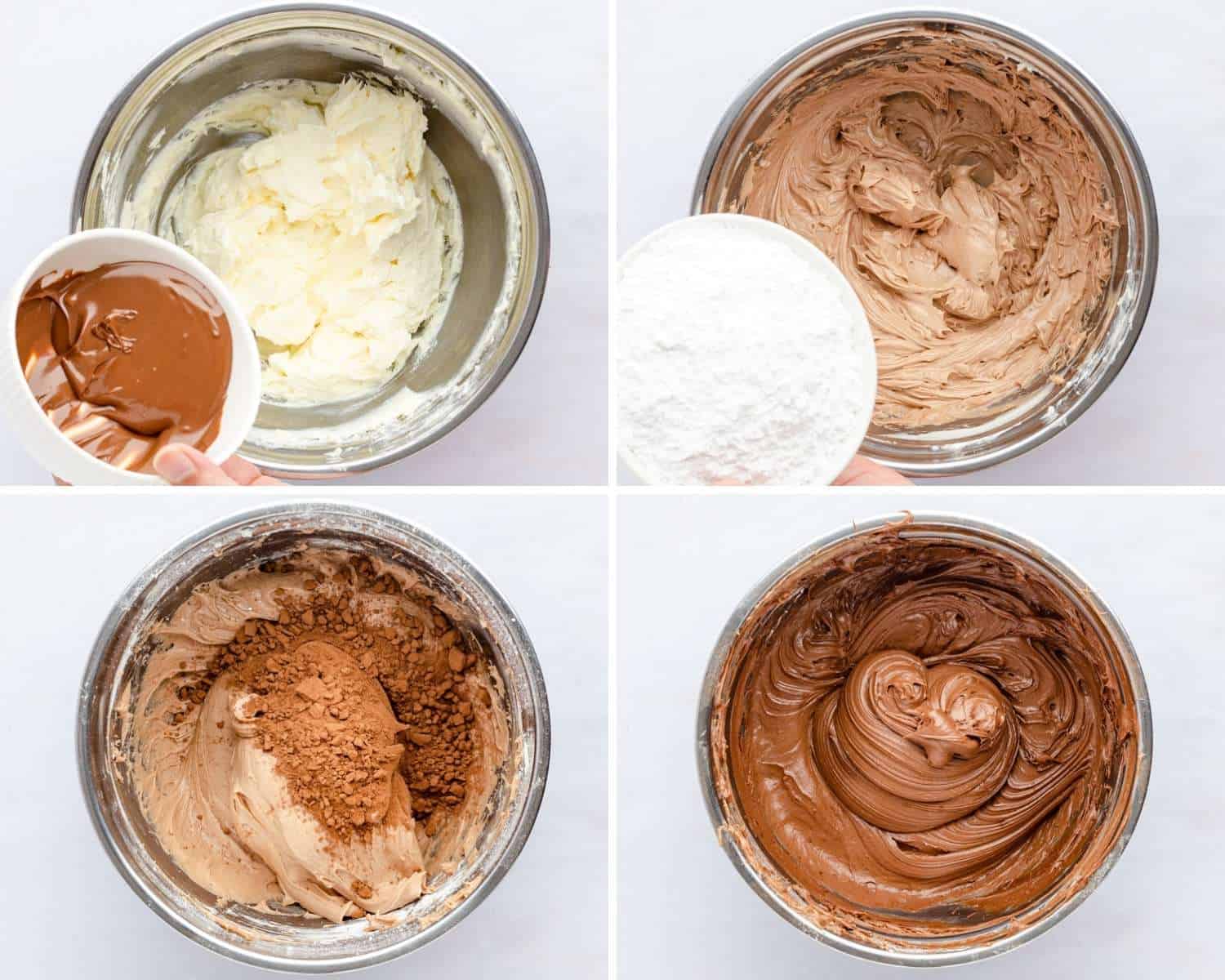 four photos to show the steps for making chocolate cream cheese