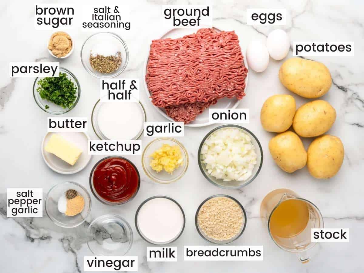 The ingredients needed to make meatloaf and mashed potatoes in the instant pot