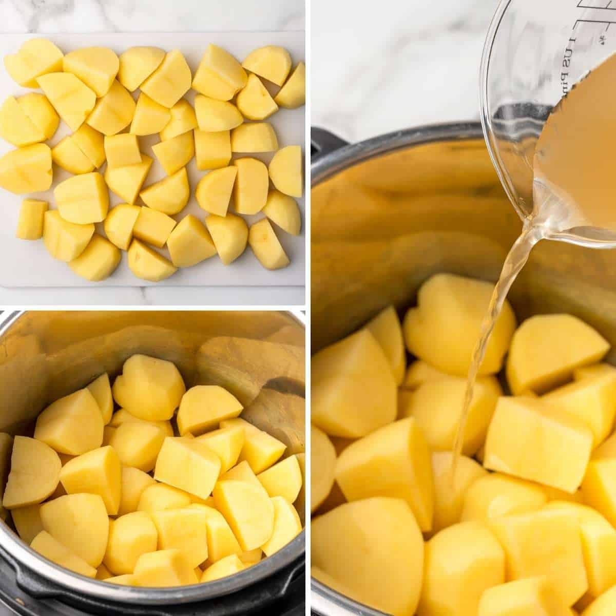 a collage of three images showing how to cut and boil mashed potatoes
