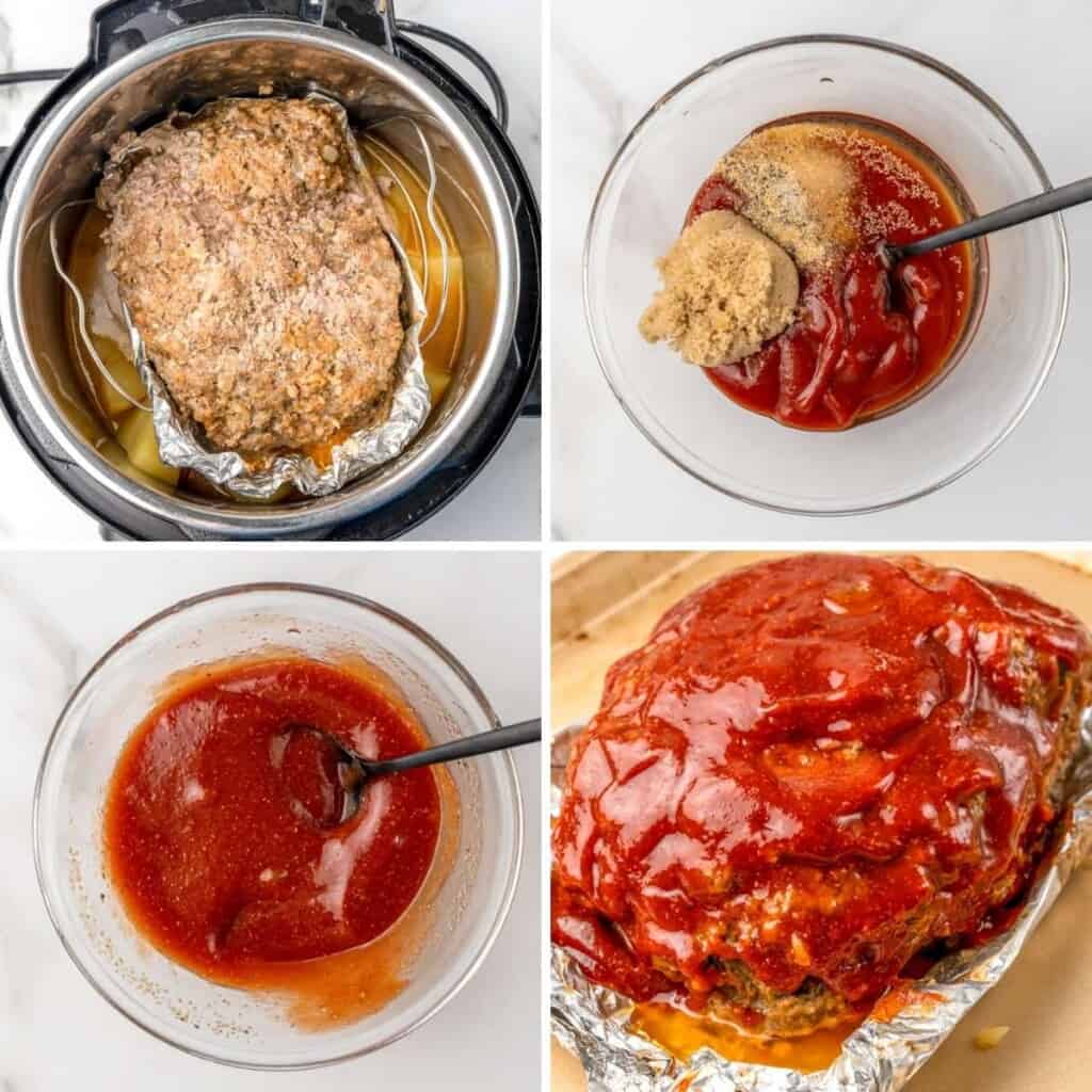 photo collage of the steps to glaze an instant pot meatloaf.